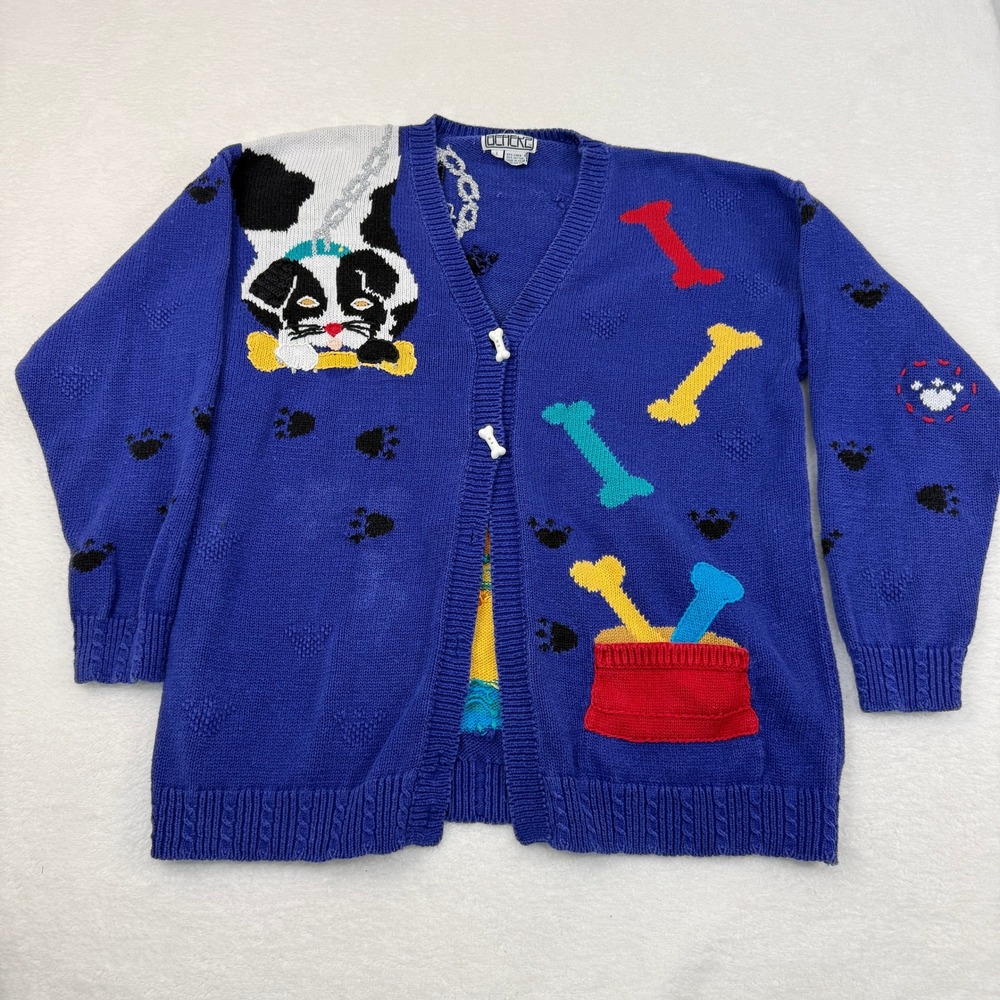 Vintage Berek2 Dog Cardigan Sweater Women Large Blue Novelty Linen Cotton Whimsy